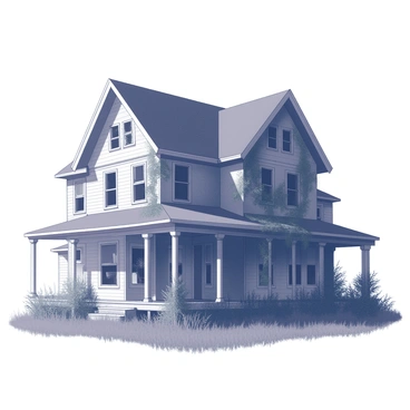 A large, abandoned house stands with a gabled roof, featuring broken windows that reveal emptiness inside. Overgrown vines creep up the sides of the structure, intertwining with the wooden siding and framing the windows. The front yard is wild, with tall grass and weeds surrounding the base of the house. The atmosphere is dark, illuminated only by the dim light of twilight, casting long shadows that enhance the haunting appearance of the scene.