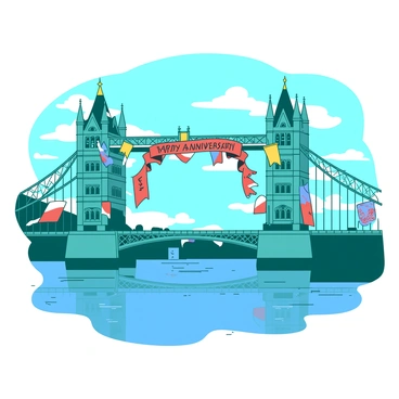 Tower Bridge adorned with banners and flags celebrating its anniversary