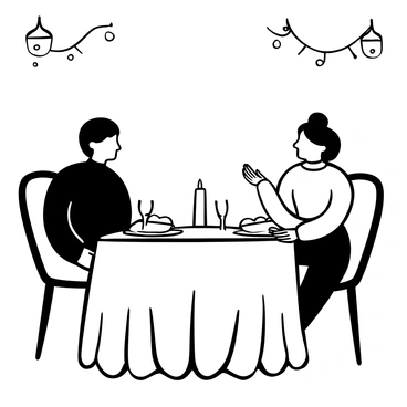 A couple dressed in elegant evening wear is seated at a beautifully set table. The table is adorned with a crisp white tablecloth and a fine dining arrangement, including polished cutlery and elegant wine glasses. A small candle flickers warmly at the center of the table, casting soft shadows. The couple is engaged in conversation, with a plate of exquisite food placed in front of each of them. A backdrop of softly lit chandeliers and tasteful decor enhances the upscale atmosphere of the restaurant.