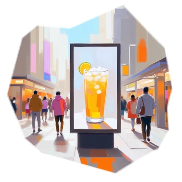 An advertisement board stands prominently in a busy urban environment. The board displays a bright and eye-catching illustration of a refreshing beverage, with droplets of condensation glistening on the surface. In the background, tall buildings and bustling pedestrians create a lively city atmosphere. The colors of the illustration pop against the neutral tones of the surrounding concrete and steel structures. Various people walk by, some glancing at the advertisement, while others are engaged in conversation.