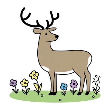 A caribou with a brown fur coat, showcasing large antlers, stands among a variety of blooming wildflowers. The wildflowers, in colors of purple, yellow, and white, are scattered across the green grass. The scene captures the essence of spring, with sunlight illuminating the vibrant flowers. The caribou is looking curiously around, adding a sense of life to the composition.