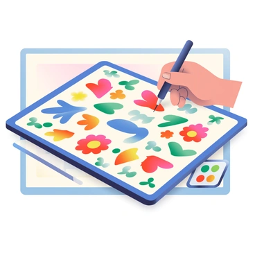 A digital canvas in Krita displays a seamless pattern design for a fabric print. The workspace features a variety of vibrant colors, including shades of blue, red, and yellow. Various geometric shapes and floral motifs are scattered across the canvas, creating an intricate design. A stylus is in the artist's hand, hovering above the tablet, while a color palette tool is visible to the side with a selection of colors. The background of the workspace is a soft gradient, enhancing the colors of the design elements.