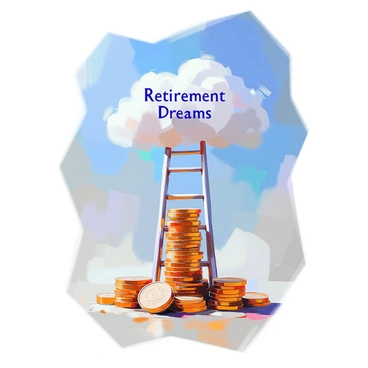 A tall ladder constructed entirely of stacked coins rises towards a fluffy white cloud in the sky. The coins vary in size and reflect light, creating a shimmering effect along the ladder. The cloud floats gently above the ladder and is clearly labeled with the words "Retirement Dreams" in a bold, playful font. The scene is set against a bright blue sky, emphasizing the hopeful journey towards achieving dreams of retirement.