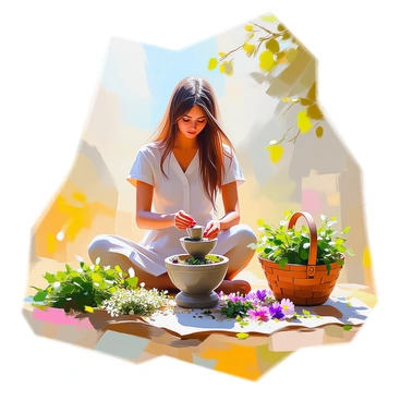 A Gaulois healer with long, flowing brown hair and light skin is kneeling in a sunlit field. She is surrounded by an array of wild herbs and plants, carefully selecting ingredients to prepare her herbal remedies. The sunlight filters through the leaves of nearby trees, casting soft shadows on the ground. A wooden basket filled with freshly picked herbs sits beside her. She is wearing a simple linen dress, and her hands are skillfully grinding herbs using a stone mortar. Various herbs are spread out around her, showcasing vibrant greens and purples, with blossoms adding splashes of color.