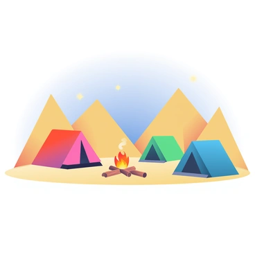 A campsite is nestled between tall sand dunes. There are several tents, each with different colors, including a red tent, a blue tent, and a green tent, all set up on the sandy ground. In the center of the campsite, a small campfire burns brightly, with orange flames flickering and emitting wisps of smoke. Surrounding the campfire are a few wooden logs arranged as seating. A night sky filled with stars can be seen overhead, casting a soft glow over the scene. The dunes rise gently in the background, creating a sense of enclosure and tranquility around the campsite.