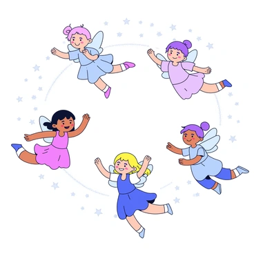 A group of small fairies with delicate wings is dancing in a swirling motion. Each fairy has a unique color scheme, including pastel pink, lavender, and soft blue. They are surrounded by small sparkling dots representing twinkling stars. The background is filled with a fine, glittery texture that resembles moondust, creating a magical atmosphere. The fairies appear joyful, with their arms raised as they twirl and spin in circles.