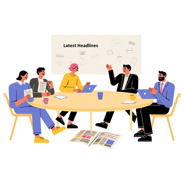 A round table filled with a diverse group of journalists and editors engaged in a discussion. The journalists are seated with notepads and laptops open, with coffee cups scattered around the table. One editor, a woman with glasses, is gesturing as she speaks, while another journalist, a man with a beard, leans forward attentively. In the background, a large whiteboard displays "Latest Headlines" in bold letters, filled with notes and ideas. A newspaper lies open on the table, showcasing vibrant front-page stories.
