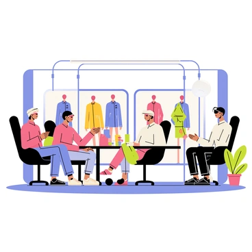 A modern salon interior with sleek, minimalist decor. Several customers are seated in black ergonomic chairs, each wearing a virtual reality headset. The room is filled with large screens displaying vibrant 3D fashion designs, showcasing various outfits. Mannequins dressed in stylish clothing are positioned around the salon. Colorful fabric swatches and accessories are scattered on a nearby table, inviting customers to explore different styles. Bright overhead lighting illuminates the salon, enhancing the futuristic atmosphere.