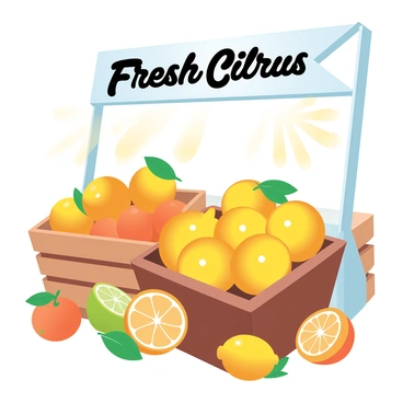 A market stall is displayed, overflowing with fresh lemons and various citrus fruits. The lemons are bright yellow and glistening, arranged in large baskets. Beside them are oranges and limes, showcasing their rich colors of orange and green. The stall is set against a background of wooden crates, giving it a rustic appeal. Above the stall, a banner reading "Fresh Citrus" is prominently featured. Sunlight casts a warm glow on the fruits, enhancing their vibrant colors.