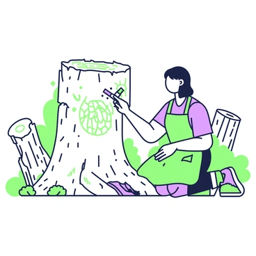 An artist is kneeling next to a large tree stump, using a carving tool to create intricate designs on its surface. The stump shows evidence of recent deforestation, with rough, uneven edges and saw marks visible. Around the artist, small wood shavings scatter across the ground, reflecting the ongoing work. The artist has medium-length hair and is wearing a sturdy apron over casual clothing. They are focused, with their brow furrowed in concentration as they bring detailed patterns to life on the tree stump. In the background, there are more fallen logs and stumps, hinting at the scale of the deforestation.