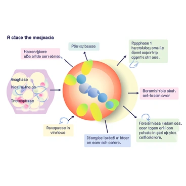 A labeled diagram of meiosis is displayed on a white background. The diagram includes several stages labeled clearly: prophase, metaphase, anaphase, and telophase. The anaphase 1 section is emphasized with vibrant colors, highlighting the movement of homologous chromosomes being pulled apart towards opposite poles of the cell. Arrows indicate the direction of movement, and each stage includes distinct labels in bold text. Additional annotations are present to explain key processes, such as crossing over and chromosome separation, with colorful boxes surrounding the text for clarity.