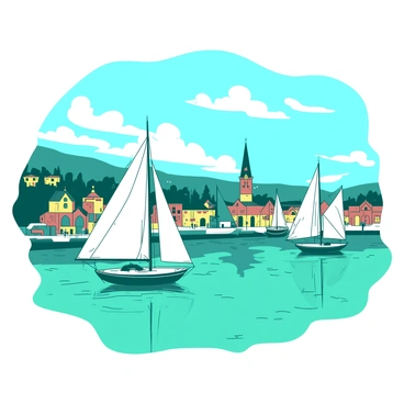 A teal harbor is filled with various sailboats gently bobbing on the water. In the background, there are several historic buildings showcasing traditional architecture, their facades illuminated by the warm glow of the sun. The sails of the boats are billowing lightly in a soft breeze, while a few people can be seen enjoying the view from the shoreline. The sky above is vibrant, with wispy clouds scattered across the blue expanse.