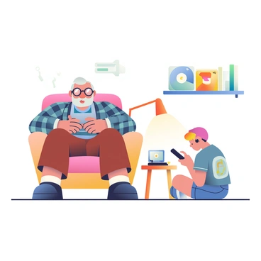An elder man with gray hair and glasses is sitting in a cozy chair, listening to a record player that emits soft melodies. He is wearing a plaid shirt and comfortable brown trousers. Next to him, a teenager with short, colorful hair is sitting cross-legged on the floor. The teenager is wearing a graphic t-shirt and denim shorts, with earbuds in his ears, focused on his phone screen. There are vinyl records displayed on a nearby shelf, and a warm light is casting a glow over the scene, enhancing the intimate atmosphere.