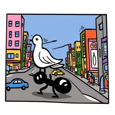 A white dove with delicate feathers is perched on the shoulder of a small, determined ant with shiny black exoskeleton. They are navigating through a vibrant cityscape filled with tall buildings and busy streets. The background features people walking, cars moving, and colorful storefronts. The ant is pointing ahead, as if leading the way, while the dove watches intently. The setting is lively, with a clear blue sky above and sunlight casting dynamic shadows on the ground.