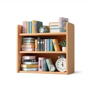 A wooden bookshelf, showcasing an array of books stacked at varying heights. The books are organized by genre, with some featuring bright covers depicting adventure themes, while others have dark and mysterious designs representing horror. There are also books with colorful illustrations symbolizing children's literature. The shelf is adorned with small decorative items like a potted plant and a vintage clock. Soft lighting highlights the textures of the books and the grain of the wood, creating an inviting atmosphere.