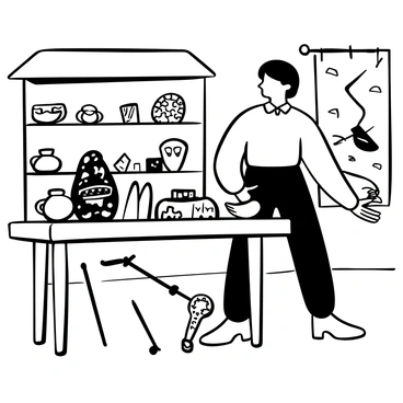 An archaeologist wearing a practical outfit is carefully arranging a collection of ancient artifacts on a wooden display table in a small museum. The artifacts include pottery shards, a weathered stone statue, and intricately designed metal tools. Behind the archaeologist, there are shelves filled with more artifacts and a large map of archaeological sites on the wall. The lighting is focused on the display, highlighting the details of each artifact.