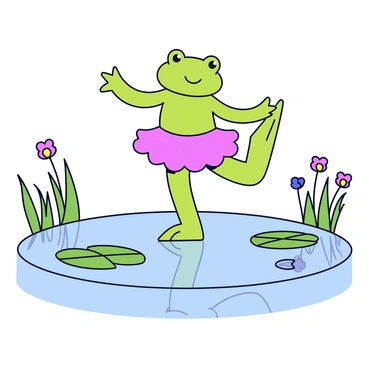 A cute frog with bright green skin is wearing a pink tutu. The frog is standing on its hind legs, gracefully performing ballet on a small stage made of lily pads. The pond is surrounded by tall grasses and colorful flowers. Reflections of the frog and the stage can be seen on the water's surface.