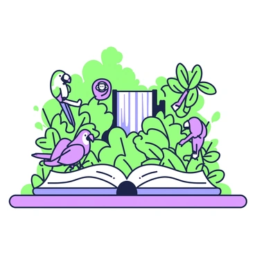 An open book lays on a wooden table, its pages turned to reveal a detailed illustration of a jungle scene. The jungle is filled with lush greenery, including various types of large leaves and vines. In the foreground, there are exotic animals prominently displayed, such as a colorful parrot perched on a branch, a slithering snake winding through the foliage, and a small monkey hanging from a nearby tree. The background features a dense thicket of trees, and in the distance, hints of a waterfall can be seen, surrounded by rich vegetation.