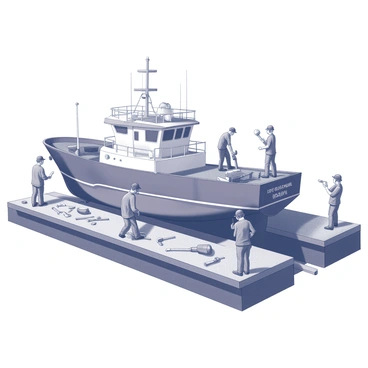 A fishing barge positioned in a dry dock, indicating it's under repair. Several workers are actively engaged around the barge, with some inspecting areas of the vessel while others are handling tools and equipment. Various tools such as wrenches, hammers, and saws are scattered across the dock area. The dry dock features industrial structures and scaffolding to support ongoing repairs. The barge has visible wear and tear, highlighting the maintenance work being performed.