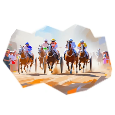 A thrilling scene depicting a buggy race taking place on a dusty track in the early 1900s. Several horse-drawn buggies are depicted in motion, with horses galloping energetically. Dust is being kicked up behind the buggies as they race side by side. Enthusiastic spectators are gathered along the track, some cheering and others observing intently. The buggies feature intricate designs, and the drivers are dressed in period-appropriate attire, including hats and goggles. The atmosphere is charged with excitement as the racers push forward in competition.