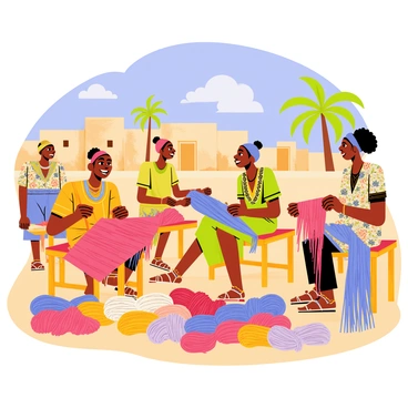 Artisans working together in a sunny Sahel village, weaving vibrant textiles on traditional looms. The weavers are dressed in colorful clothing, with intricate patterns adorning their garments. The scene is filled with an array of yarn in bright colors like red, blue, and yellow, neatly arranged around them. The looms are made of wood, displaying the craftsmanship of the artisans. In the background, there are mud-brick houses under a clear blue sky, and a few palm trees providing shade. A sense of community is evident as the artisans share techniques and laughter. The atmosphere is lively and full of creativity.