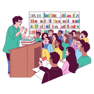 An author stands behind a wooden podium in a bright librairie, speaking passionately to a captivated audience. The author is dressed in a teal shirt, adjusting their glasses while animatedly gesturing with their hands. A stack of colorful books is placed on the podium beside them. The audience, filled with diverse individuals, is seated in rows, leaning forward with eager expressions, their eyes wide with intrigue. Soft light illuminates the scene, highlighting the details of the bookshelves filled with various titles in the background.