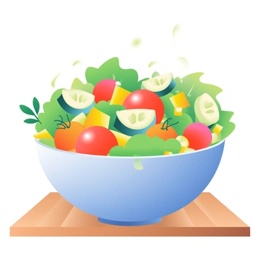 A colorful bowl filled with a variety of chopped salad ingredients is placed on a wooden table. The bowl is vibrant, showcasing bright red cherry tomatoes, crisp green lettuce, and finely chopped bell peppers in shades of yellow and orange. There are miniature cucumber slices scattered throughout the salad, adding a fresh, crunchy texture. A light drizzle of dressing is visible, glistening on the vegetables, and a few sprigs of parsley are garnished on top for added color. The scene is well-lit, emphasizing the freshness of the ingredients.