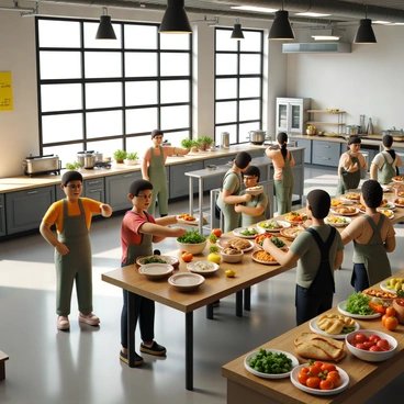A spacious community kitchen filled with natural light streaming through large windows. The kitchen features stainless steel appliances, a large central island with wooden countertops, and numerous pots and pans hanging from the ceiling. Several volunteers of diverse backgrounds are actively engaged in preparing and serving food. One volunteer is ladling a hearty vegetable soup into bowls, while another is placing freshly baked bread on a long wooden table. Colorful vegetables and ingredients are spread out on the counters, showcasing a variety of healthy options. Banners with "Affordable Meals for All" hang on the walls, adding a sense of warmth and community spirit to the environment.