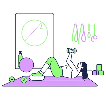 A home gym setup is arranged in a well-lit room. In the center, there is a yoga mat on the floor. A person is lying on their back on the mat, performing dumbbell flies. The individual has a focused expression and is holding a dumbbell in each hand, arms extended out to the sides. Around the mat, various gym equipment is visible, including a pair of dumbbells resting on the floor, a stability ball in the corner, and a wall-mounted mirror reflecting the scene. A water bottle is placed nearby, and a few colorful resistance bands are hanging on the wall.