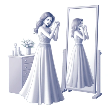 A young woman stands in front of a large mirror, adjusting her hair nervously. She is wearing an elegant prom dress with a flowing skirt that gently drapes around her legs. The dress features intricate detailing, showcasing a delicate design that complements her figure. Her expression reflects a mix of excitement and apprehension as she glances at her reflection. The room is softly lit, creating a gentle atmosphere around her. In the background, there are hints of decorative elements, such as a bouquet of flowers on a nearby table and a few shimmering accessories placed carefully on a dresser.
