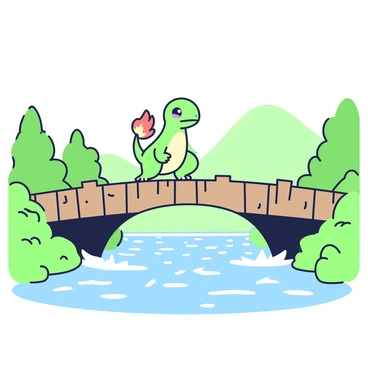 A brave Charmander is crossing a wooden bridge that spans over a sparkling river. The bridge is made of weathered planks, with some sections slightly raised, adding to the rustic charm of the scene. Below the bridge, the river flows swiftly, reflecting the light and creating ripples in the water. The Charmander, with its fiery tail held high, appears determined as it carefully steps on the bridge. On either side of the river, there are lush green trees and bushes, enhancing the natural setting. In the background, a few distant hills can be seen, adding depth to the landscape.