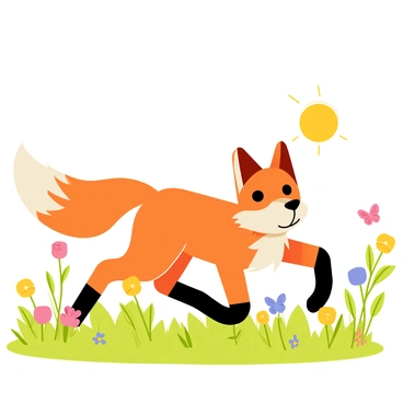 A red fox with a bushy tail is playfully running through a sunlit meadow filled with green grass and colorful wildflowers. The fox has bright orange fur with white underbelly and ears. The sun is shining brightly, casting soft shadows on the ground. A few butterflies flutter around the meadow, and a distant tree line can be seen in the background.