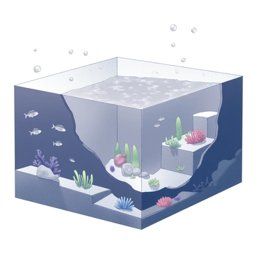 An underwater scene depicting a subduction zone beneath the ocean's surface. The geological features include a deep trench and sloping tectonic plates creating a dramatic landscape. Surrounding the subduction zone, various marine life is present, such as schools of fish swimming gracefully, brightly colored corals attached to the rocky formations, and seaweed gently swaying with the currents. The scene conveys a dynamic ecosystem thriving in this unique underwater environment. Bubbles rise to the surface, adding to the lively atmosphere of the ocean floor.