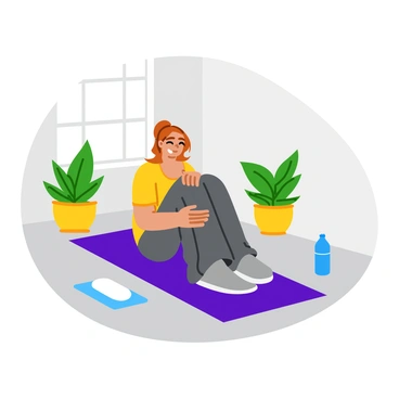 A person is performing pelvic tilts while sitting on a soft yoga mat in a quiet room. The individual has a calm expression, with their eyes gently closed, as they focus on their breathing. They wear comfortable workout clothing, and the room is softly lit, creating a tranquil atmosphere. Light-colored walls surround the space, and a few plants are placed in the corners, adding a touch of greenery. A small water bottle is nearby, emphasizing a mindful practice. The person's posture is straight, with hands resting on their thighs as they move gently through the tilting motion.