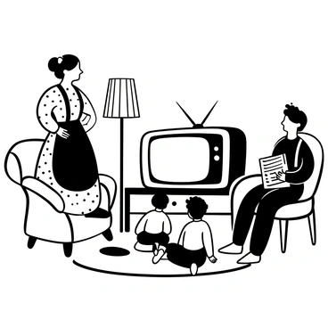 A 1950s housewife wearing a patterned dress and an apron stands beside a black and white television set, tuning the dial. Her husband, dressed in a suit and tie, sits on a nearby armchair, holding a newspaper. Two children, a boy and a girl, sit on the floor in front of the television, engrossed in the screen. The room features vintage furniture, a wooden coffee table, and a patterned rug, creating a cozy family atmosphere. A lamp with a fabric shade stands in the corner, casting soft shadows around the scene.