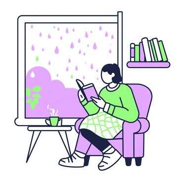 A person is sitting comfortably in a chair by a window, reading a book. The chair has soft cushions, and a small table beside it holds a steaming cup of tea. Outside the window, raindrops are visible on the glass, and the sky is cloudy. Light from the window illuminates the person's face, creating a warm atmosphere. The person is wearing a sweater, and there is a knitted blanket draped over their lap. Nearby, a small bookshelf filled with various books adds to the cozy feel of the room.
