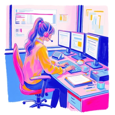 A woman is seated at a desk in a call center, surrounded by multiple phone lines. She has long, straight hair tied back in a ponytail. She is wearing a headset with a microphone, focused on her tasks. Her left hand is typing on a computer keyboard, and her right hand is holding a phone. There are several monitors displaying call information in front of her. The desk is cluttered with notepads, pens, and a cup of coffee, adding to the busy atmosphere.