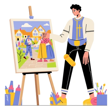 An artist standing in a studio is captured in the act of illustrating a historical scene. The artist, a middle-aged man with curly hair, is focused intently on his canvas. The canvas displays a vibrant depiction of a historical event, with characters dressed in period-accurate costumes. The figures include a knight in shining armor, a noblewoman in a flowing gown, and townsfolk in simple attire. The setting around them features a quaint village backdrop with thatched-roof houses and cobblestone streets. Various art supplies are scattered across the artist's workspace, adding to the creative atmosphere.