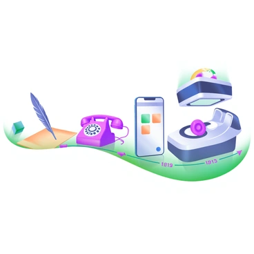 A modern pastel illustration depicting a timeline illustrating the evolution of communication devices. On the left, a quill pen rests on a piece of parchment, symbolizing the early days of written communication. Moving along the timeline, a vintage telephone with a rotary dial sits next, showcasing advancements in voice communication. Next, a sleek smartphone is presented, displaying colorful app icons on its screen, representing modern digital communication. Finally, a futuristic holographic projector is shown, projecting a 3D image above it, illustrating cutting-edge technology. The timeline is marked with arrows connecting each device and includes years to emphasize the progression.