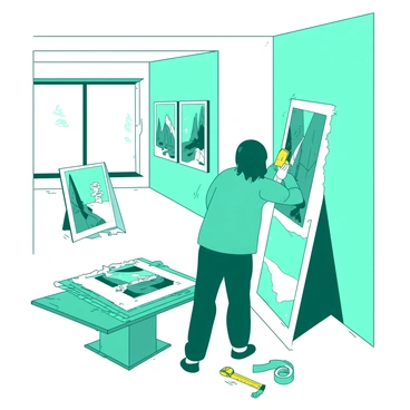 A teal art curator carefully hangs a framed illustration on the wall of a spacious gallery. The curator is using a yellow level tool to ensure the frame is straight. Scattered around on a nearby table are various tools, including a yellow hammer, teal measuring tape, and rolls of white wrapping paper. On the floor, there are additional framed illustrations leaning against the wall, waiting to be placed. The gallery space is filled with natural light, highlighting the vibrant colors of the artworks.