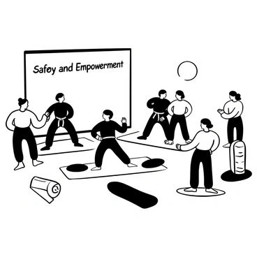 A group of men and women in a spacious dojo practicing self-defense techniques. Some individuals are demonstrating specific moves, while others are observing and taking notes. Mats are laid out on the floor, and a large wall mirror reflects the actions of the participants. The atmosphere conveys focus and determination, with a few training dummies placed around the room. The words "Safety and Empowerment" are displayed prominently on a banner above them.