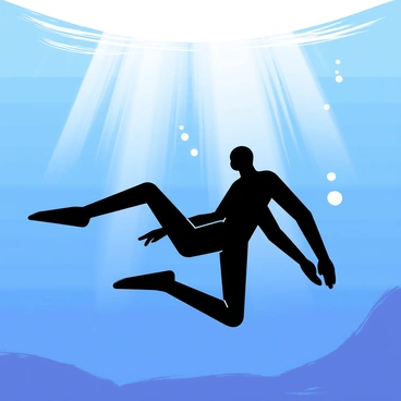 A diver in a black wetsuit is positioned below the water's surface, creating a strong silhouette against the bright sunlight filtering through the clear blue ocean water. The diver is in a dynamic pose, with arms extended and fins visible, capturing the essence of movement. Rays of sunlight penetrate through the surface, creating an ethereal glow that illuminates the surrounding water. Bubbles rise around the diver, adding a sense of realism to the underwater scene.