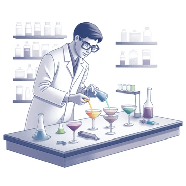A scientist is standing at a laboratory bench, surrounded by various scientific equipment. They are wearing a white lab coat and safety goggles. The scientist is pouring colorful liquid from one flask into an elegant coupe glass. Several other coupe glasses are arranged on the bench, each filled with different molecular cocktails, showcasing unique textures and layers. The table is cluttered with beakers, pipettes, and a few scattered molecular gastronomy tools, creating a dynamic environment of experimentation. The backdrop consists of shelves filled with jars and labeled containers, contributing to the scientific atmosphere.