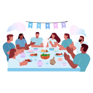 A group of stakeholders is gathered around a long table filled with various cultural items and foods. The table is adorned with colorful textiles representing different cultures. There are traditional dishes placed on vibrant plates, with steam rising from some of the hot food. In the center, there are decorative artifacts, such as woven baskets and handcrafted pottery, showcasing the diversity of cultures. People are engaged in conversation, with hands gesturing towards the items, and some are sharing stories while others are tasting the dishes. Banners with cultural symbols hang in the background, enhancing the festive atmosphere of the exchange event.