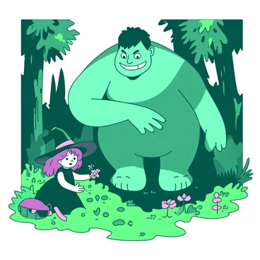 A small witch with a pointy hat and a flowing dark dress stands in a vibrant green forest, surrounded by tall trees with thick trunks. She has a curious expression on her face as she looks up at a friendly giant, who towers above her, with a large smile and warm eyes. The giant's skin is a soft teal color, and he is crouched down to the witch's level, extending his hand towards her. In his palm, he holds a tiny pink flower, its delicate petals glistening in the subtle sunlight filtering through the trees. The forest floor is covered in lush green moss, and in the background, various colorful plants and flowers add to the enchanting atmosphere.