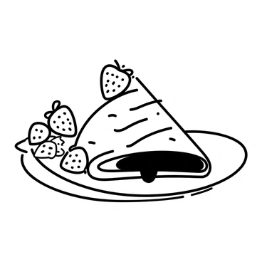 A decadent crepe is displayed on a plate, folded elegantly to showcase the rich, melted chocolate oozing from within. The crepe is lightly textured with delicate lines that indicate its softness. Fresh strawberries, whole and sliced, are arranged attractively on top of the crepe, adding a touch of detail and contrast to the presentation. A few strawberries are positioned alongside the crepe, enhancing the composition. The background is minimal, emphasizing the crepe as the focal point of the image.