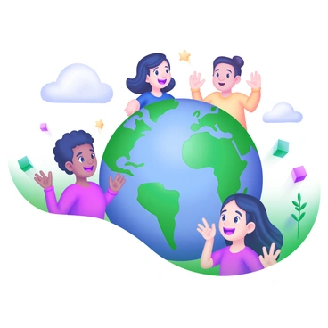 A vibrant illustration featuring a diverse group of avatars with varying expressions, including joy, surprise, curiosity, and thoughtfulness. They are gathered around a giant globe that showcases detailed continents and oceans. Each avatar has distinct features, such as different hairstyles, skin tones, and clothing styles, reflecting a variety of cultures. The scene is enriched with colorful accents and elements like small plants and clouds floating around the globe, adding to the lively atmosphere.