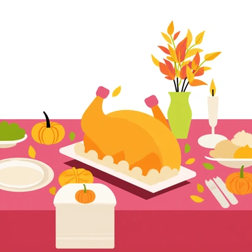 A warm Thanksgiving dinner table set for a feast in November. The table is adorned with a golden-brown roasted turkey at the center, surrounded by a variety of traditional side dishes including mashed potatoes and green bean casserole. Autumn decorations are featured, including small pumpkins and colorful leaves scattered across the table. The tablecloth is a rich burgundy color, and there are festive plates and silverware neatly arranged for guests, along with flickering candles. A vase filled with deep orange and yellow flowers adds a touch of seasonal charm.