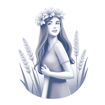 A young woman is standing elegantly. She has long hair cascading down her shoulders. On her head, she wears a crown made of "bright, fresh flowers" that are intricately arranged. Her expression is joyful, and she is dressed in a simple, flowing garment that adds to her natural beauty. The background features soft, blurred elements of nature, such as grass and trees, creating an organic atmosphere around her.