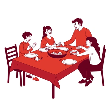 A red dining table is set with a white tablecloth, and there are colorful plates and cups arranged for each family member. A group of four people, including a man, a woman, and two children, are gathered around the table, engaged in lively conversation. The man is laughing while gesturing with his hands, and the woman is smiling as she serves a dish from a large red serving platter. The children are animatedly sharing a story, with one child leaning forward, excitedly explaining something. Soft light illuminates the scene, highlighting the joyful expressions on their faces as they share stories and laughter during dinner.